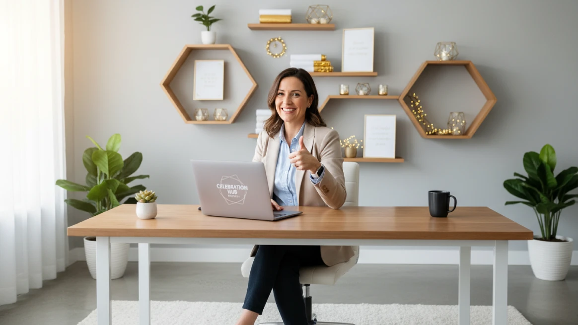 Party rental business owner smiling with thumbs-up in office