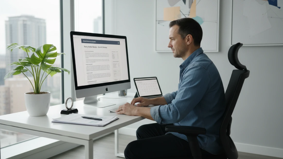 Office workspace with computer displaying party rental agreement