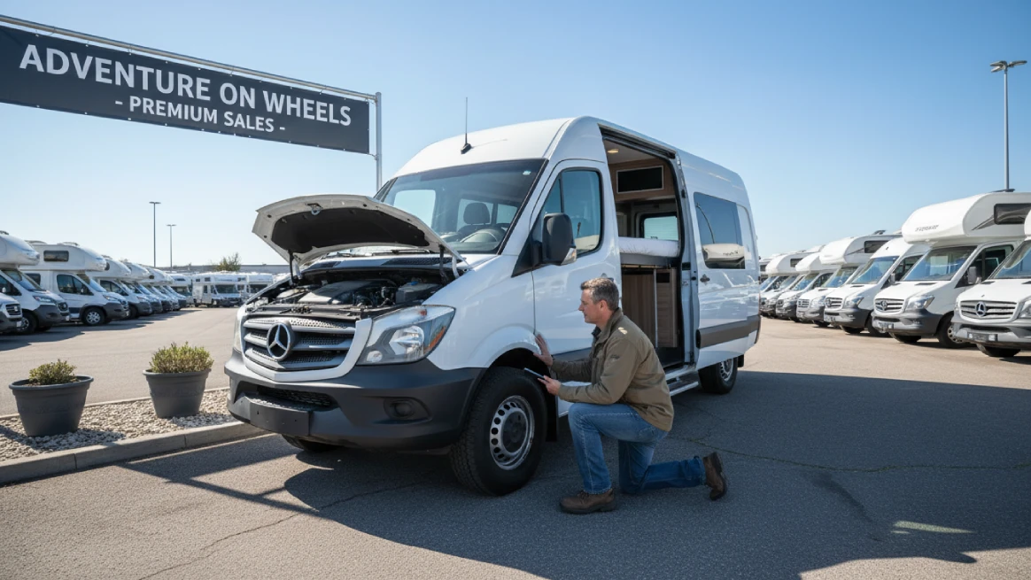 Camper rental business owner inspecting camper van before purchase at dealership
