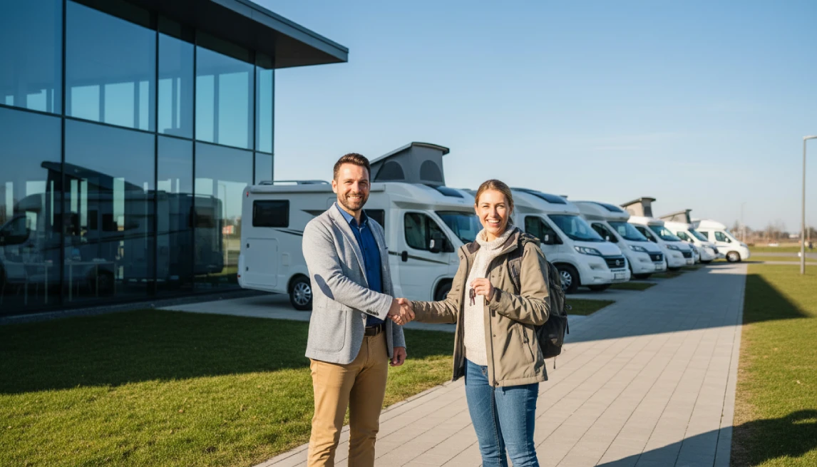 Camper rental business owner handshaking with client outside dealership
