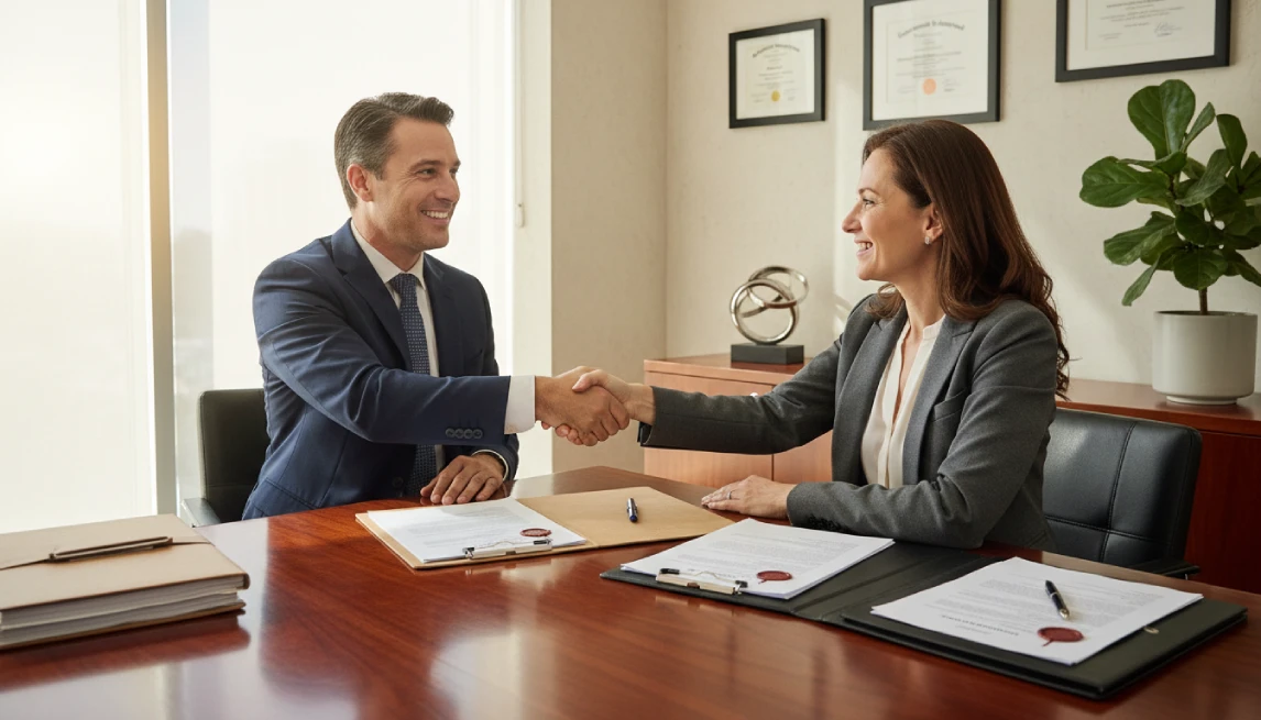 Camper rental business contract signing and handshake in professional office setting