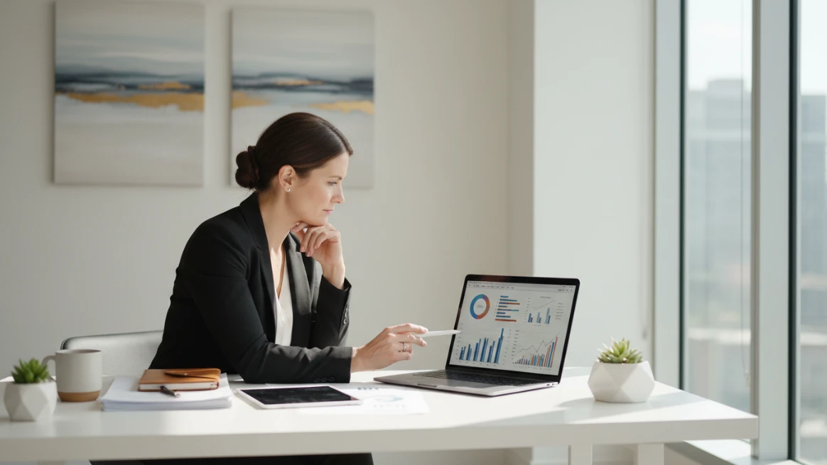 Entrepreneur analyzing camper rental business market data with graphs and reports