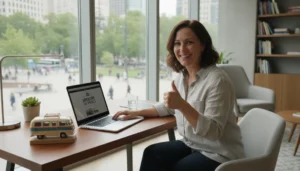 Camper rental business owner giving thumbs up in office