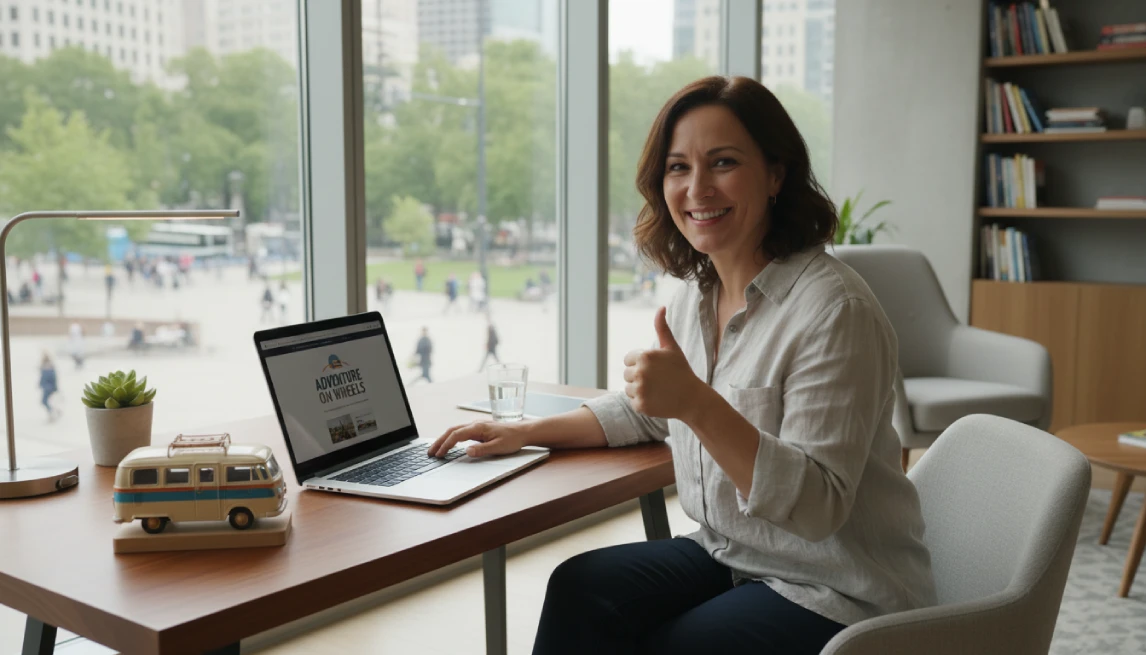 Camper rental business owner giving thumbs up in office