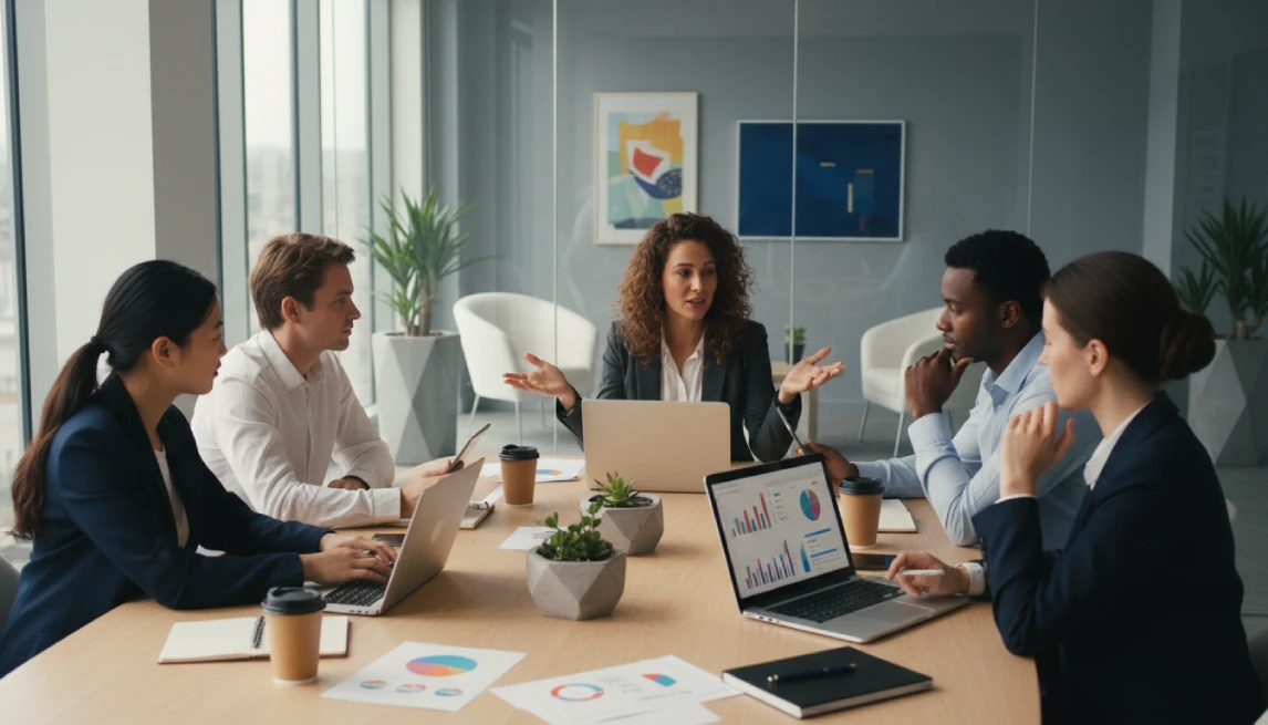 Group collaboration on camper rental business marketing strategy in modern office