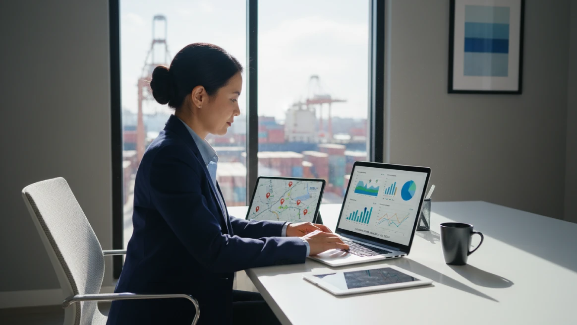 Business analyst reviewing container rental revenue graphs with port backdrop