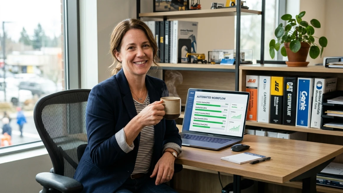 Professional workspace showing AI automated workflow for rental business operations