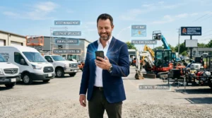 Person using smartphone with AI fleet tracking in rental business yard