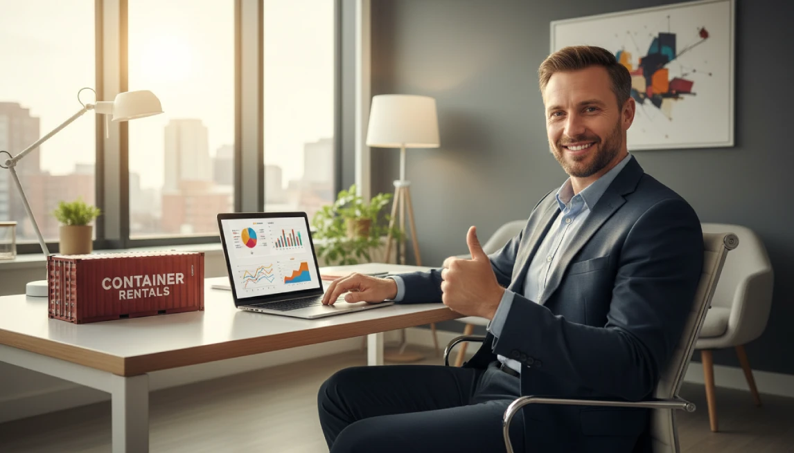 Business professional giving thumbs up with container rental analytics charts
